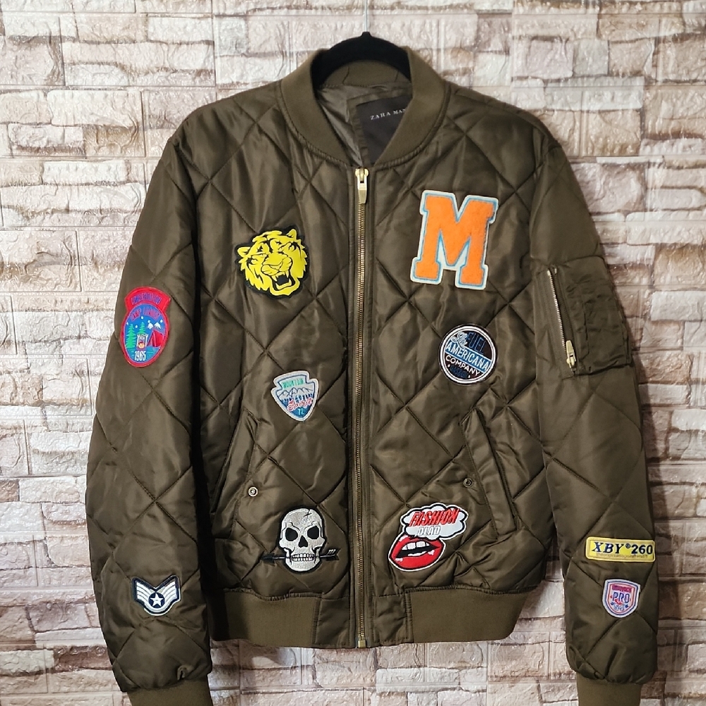 Zara Olive Green Quilted Bomber Jacket with Patches